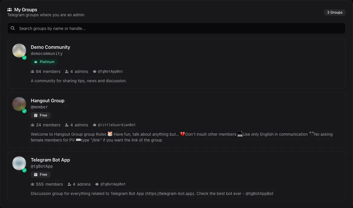 Telegram Bot App dashboard — your protected groups at a glance