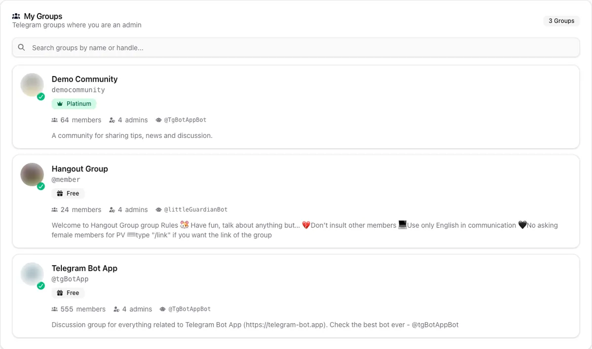 Telegram Bot App dashboard — your protected groups at a glance