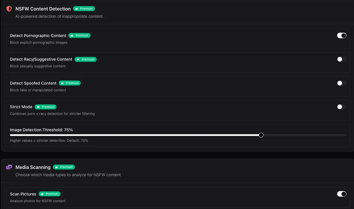 Moderation settings — content toggles and detection thresholds