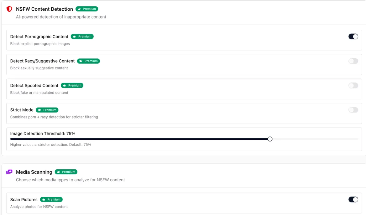 Moderation settings — content toggles and detection thresholds
